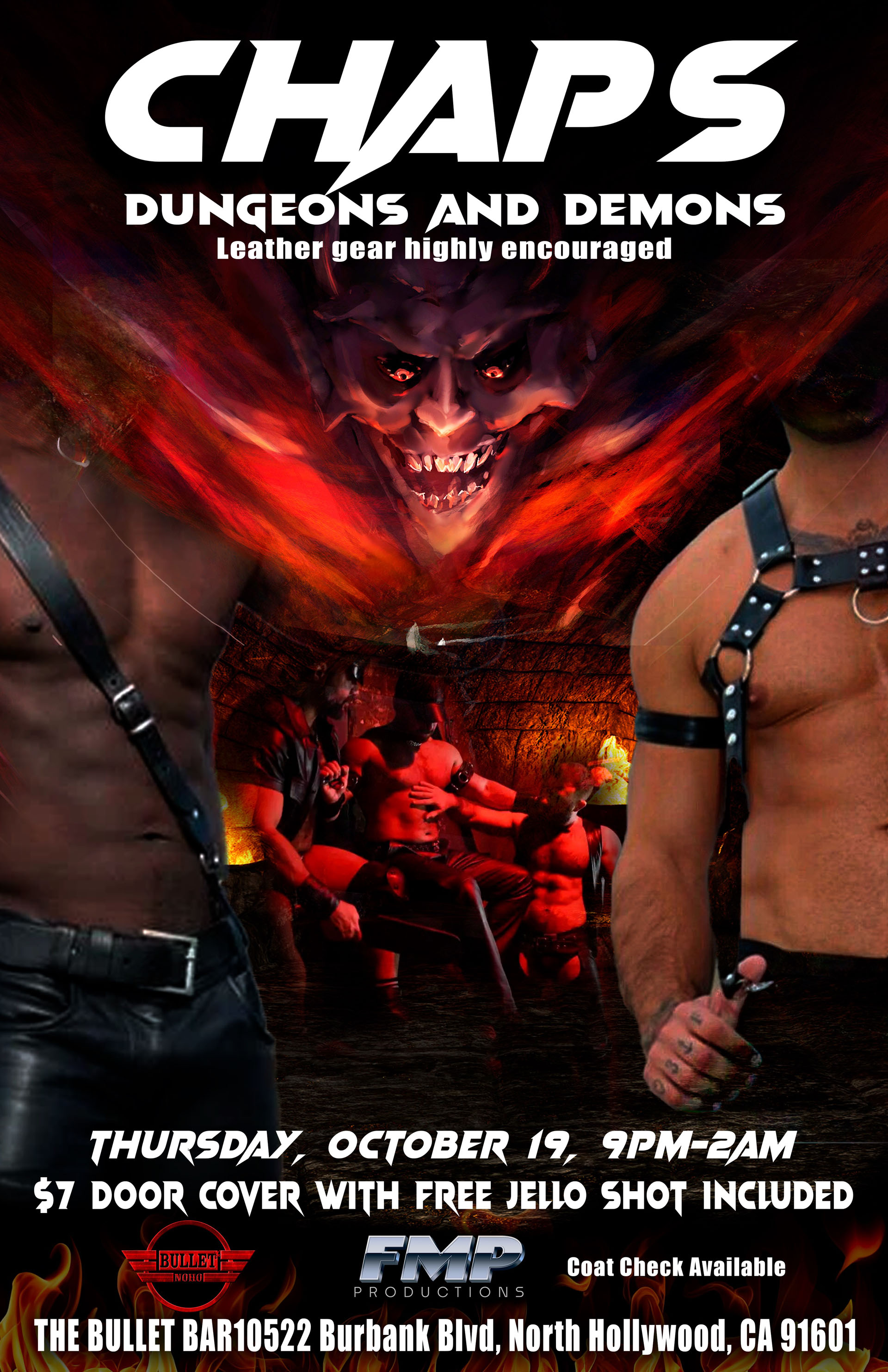 THE BULLET BAR and FMP PRODUCTIONS Present CHAPS DUNGEONS AND DEMONS: Thursday, 10/19/23 from 9:00 PM to 2:00 AM! $7 door cover with FREE JELL-O SHOT included.. Leather gear highly encouraged.