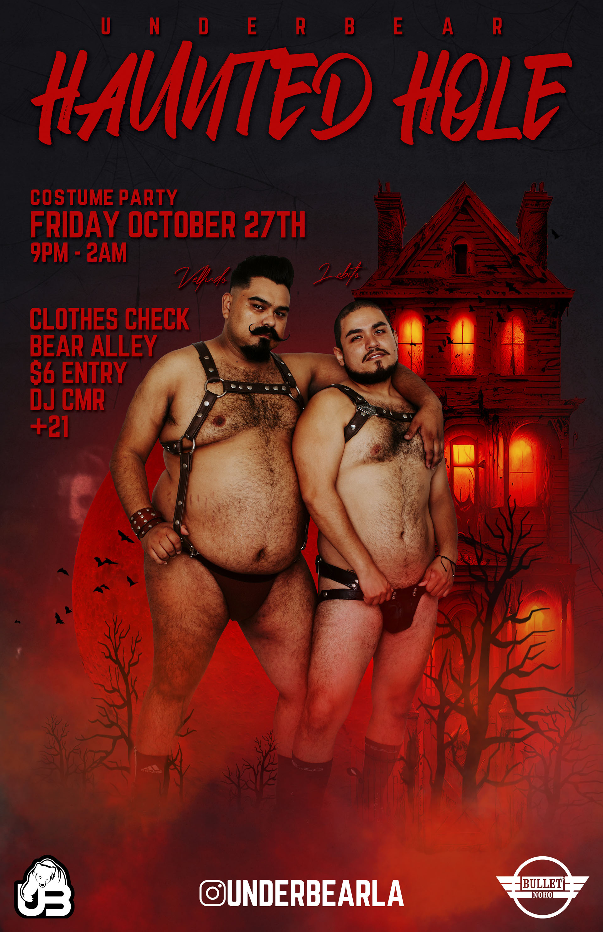 The Bullet Bar and UnderBearParty.com Present UNDERBEAR: HAUNTED HOLE COSTUME PARTY with DJ CMR: Friday, 10/27/23 at 9:00 PM! BEAR ALLEY! Free Clothes Check! $6 Cover.