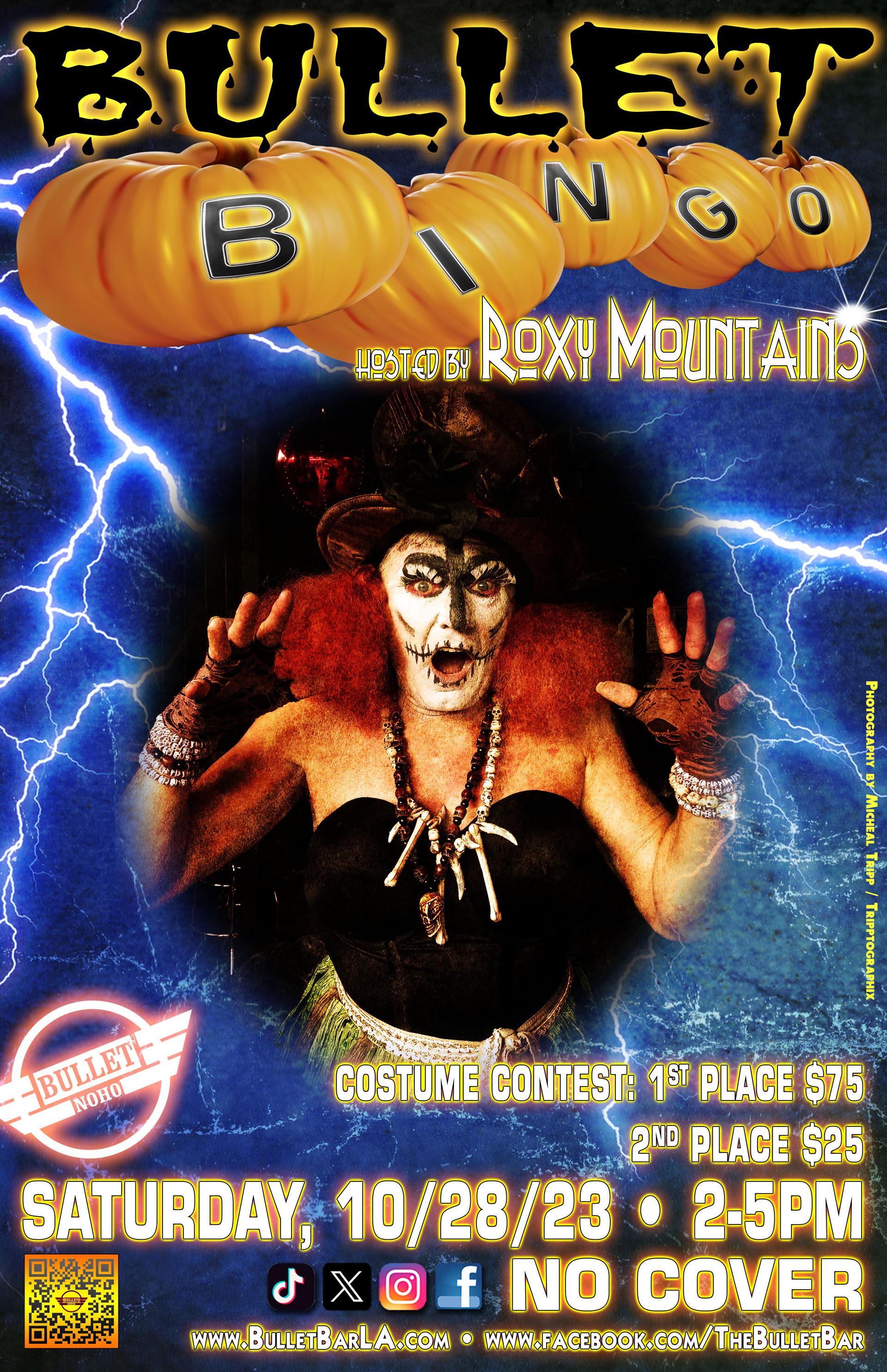 The Bullet Bar Presents HALLOWEEN BULLET BINGO with ROXY MOUNTAINS and BARTENDER FERNANDO: Saturday, 10/29/22 @ 2-5PM on our back patio! No cover. COSTUME CONTEST! 1st place $100! 2nd place $50!