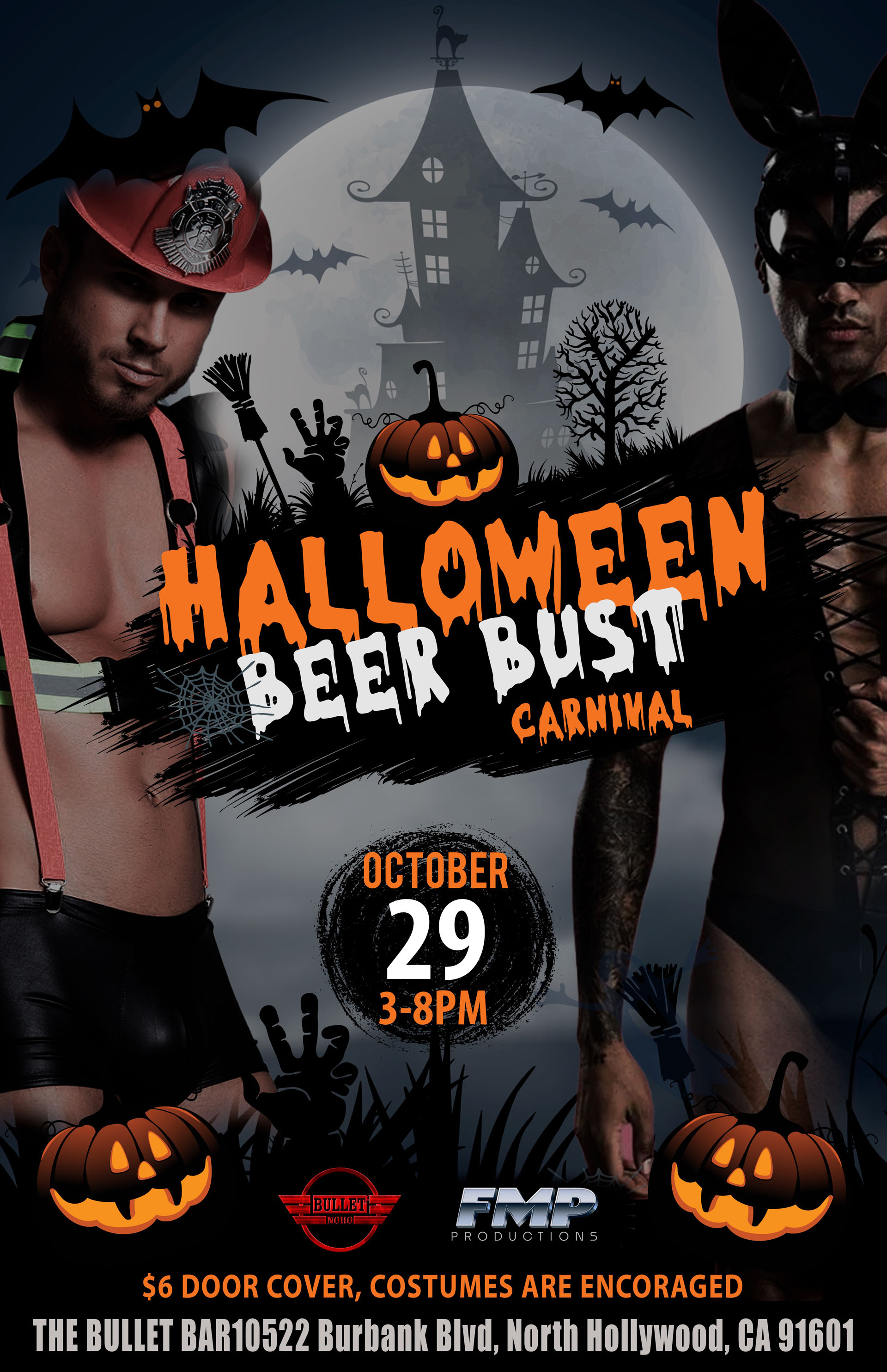 THE BULLET BAR & FMP PRODUCTIONS Present HALLOWEEN BEER BUST CARNIVAL: Sunday, 10/29/2023 from 3:00 PM to 8:00 PM! Costumes are encouraged! $6 Cover.