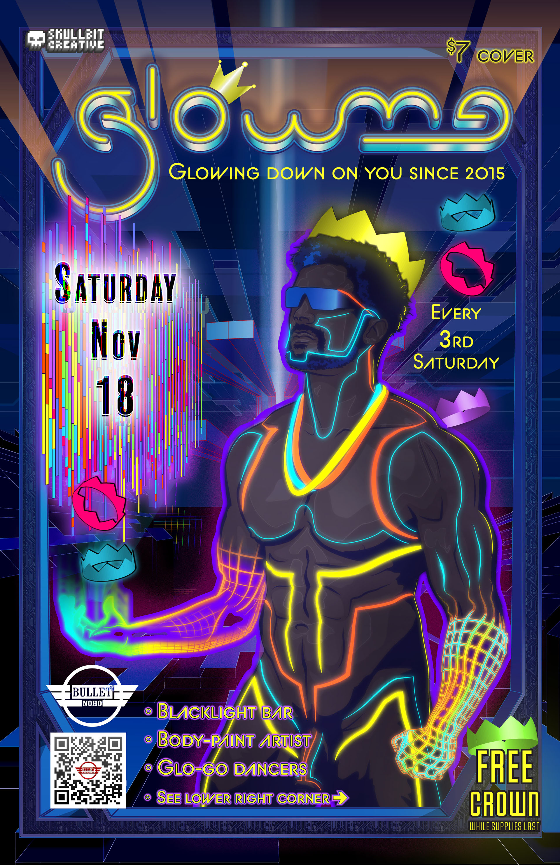 THE BULLET BAR & SKULLBIT CREATIVE Present GLOW ME: Saturday, 11/18/23 at 9:00 PM. $7 cover