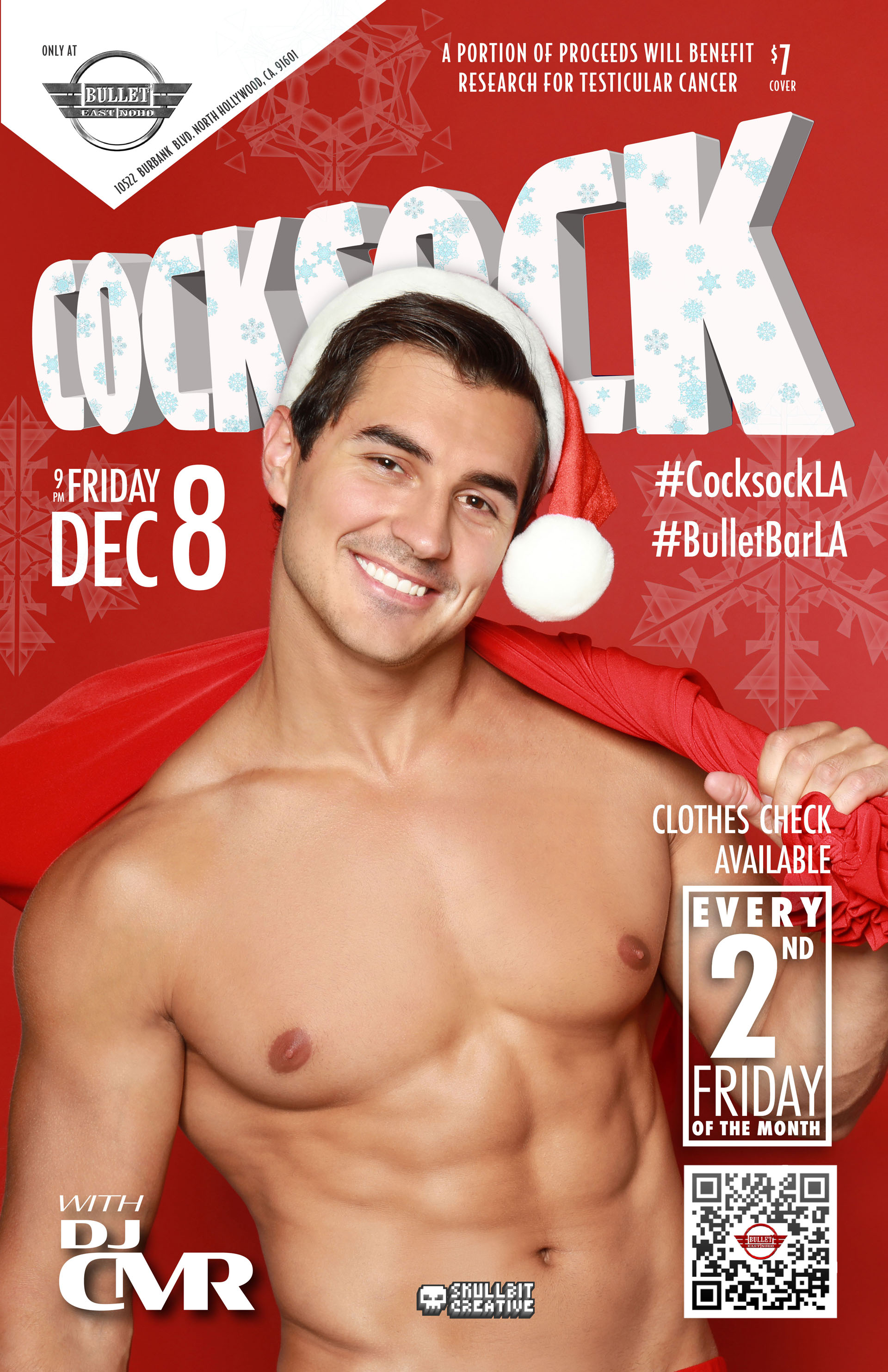 THE BULLET BAR & SKULLBIT CREATIVE Present COCKSOCK: Friday, 12/08/23 at 9:00 PM. $7 cover. Clothes Check available. A portion of the proceeds will go to benefit research for testicular cancer.