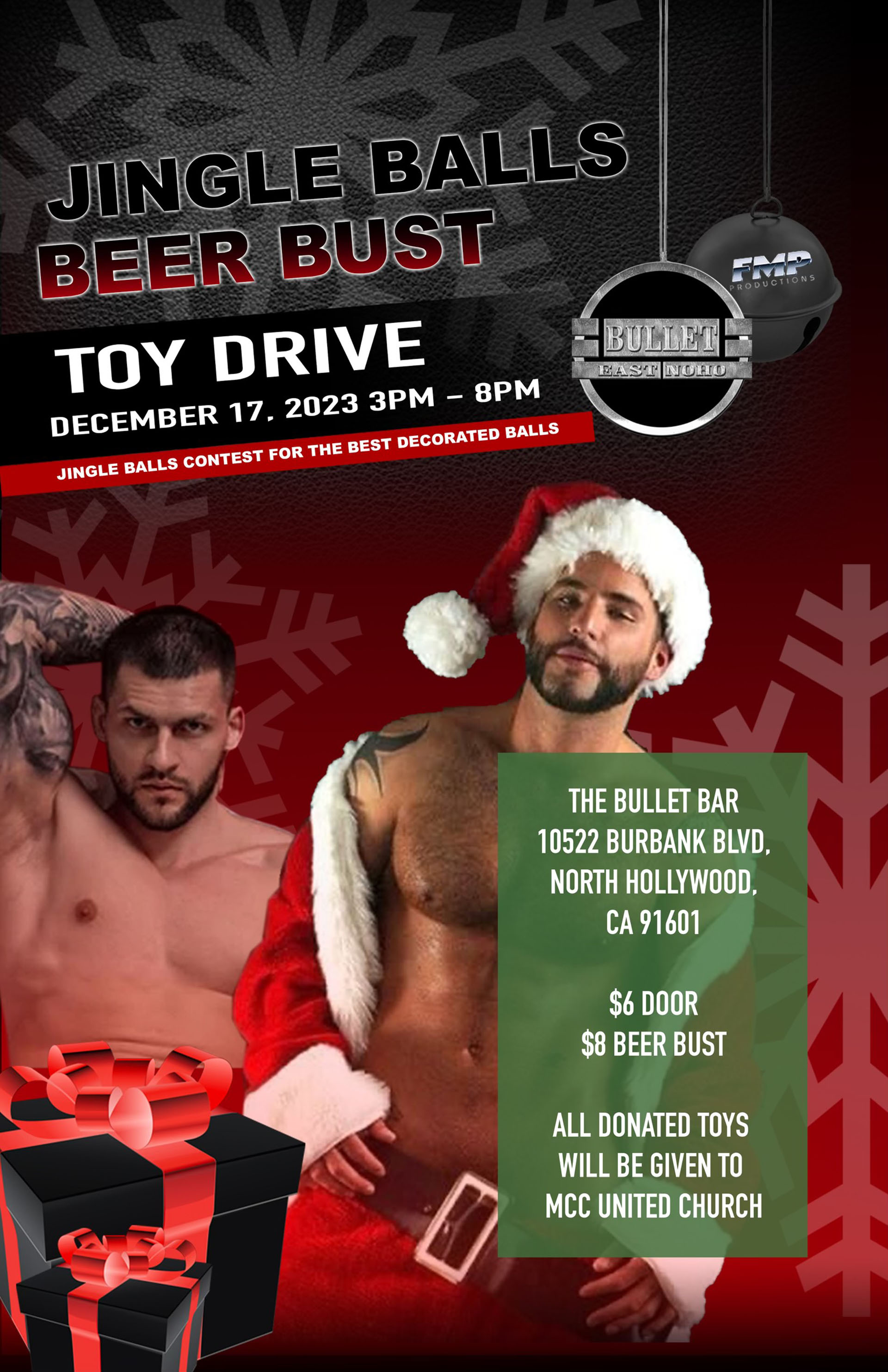 THE BULLET BAR & FMP Productions Present a JINGLE BALLS BEER BUST TOY DRIVE: Sunday, 12/17/2023 from 3:00 PM to 8:00 PM! Jingle Balls Contest for The Best Decorated Balls. $6 Cover. $8 BEER BUST.