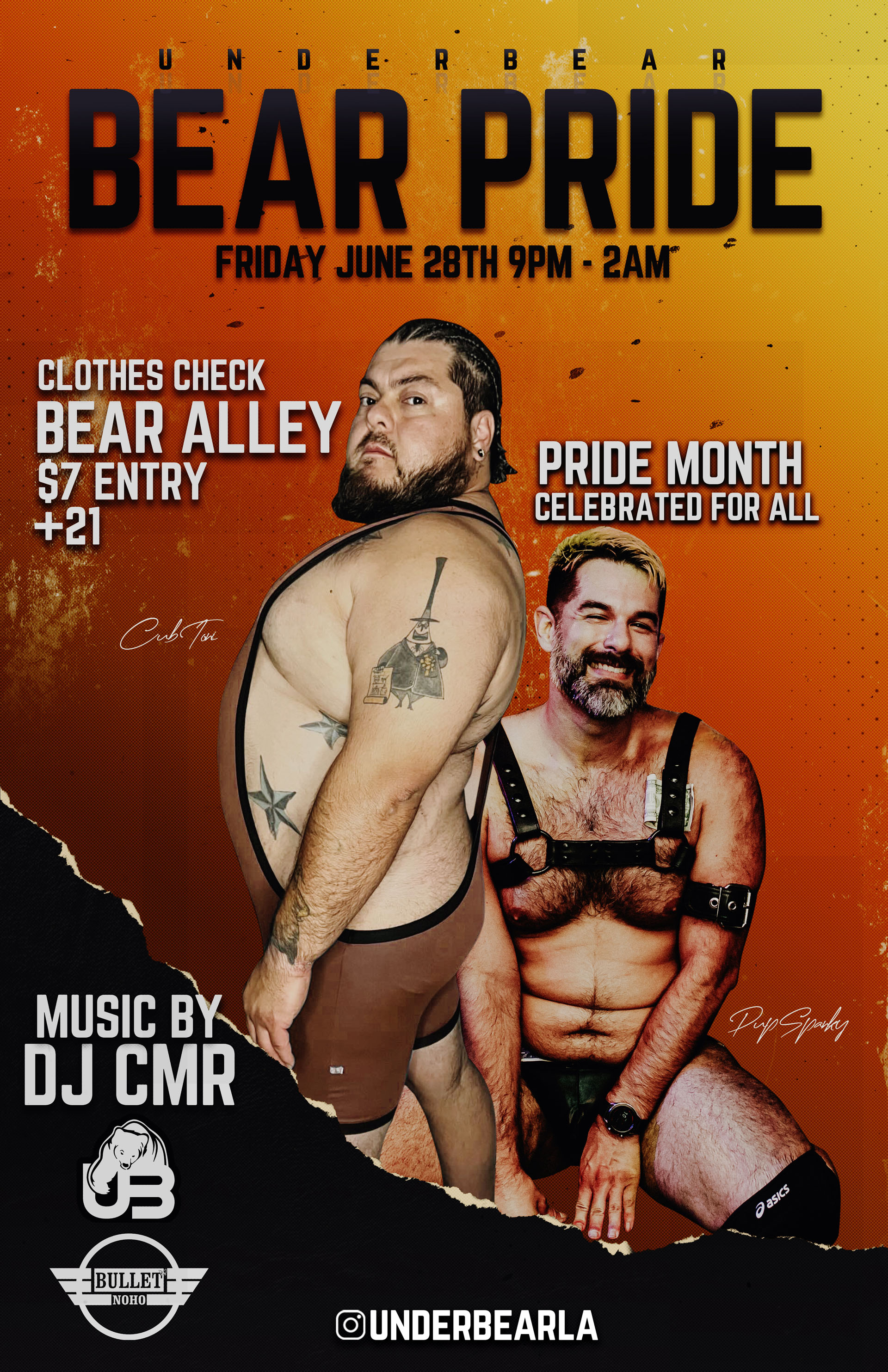 The Bullet Bar and UnderBearParty.com Present UNDERBEAR BEAR PRIDE with DJ CMR: Friday, 06/28/24 at 9:00 PM! BEAR ALLEY! Free Clothes Check! $7 Cover.