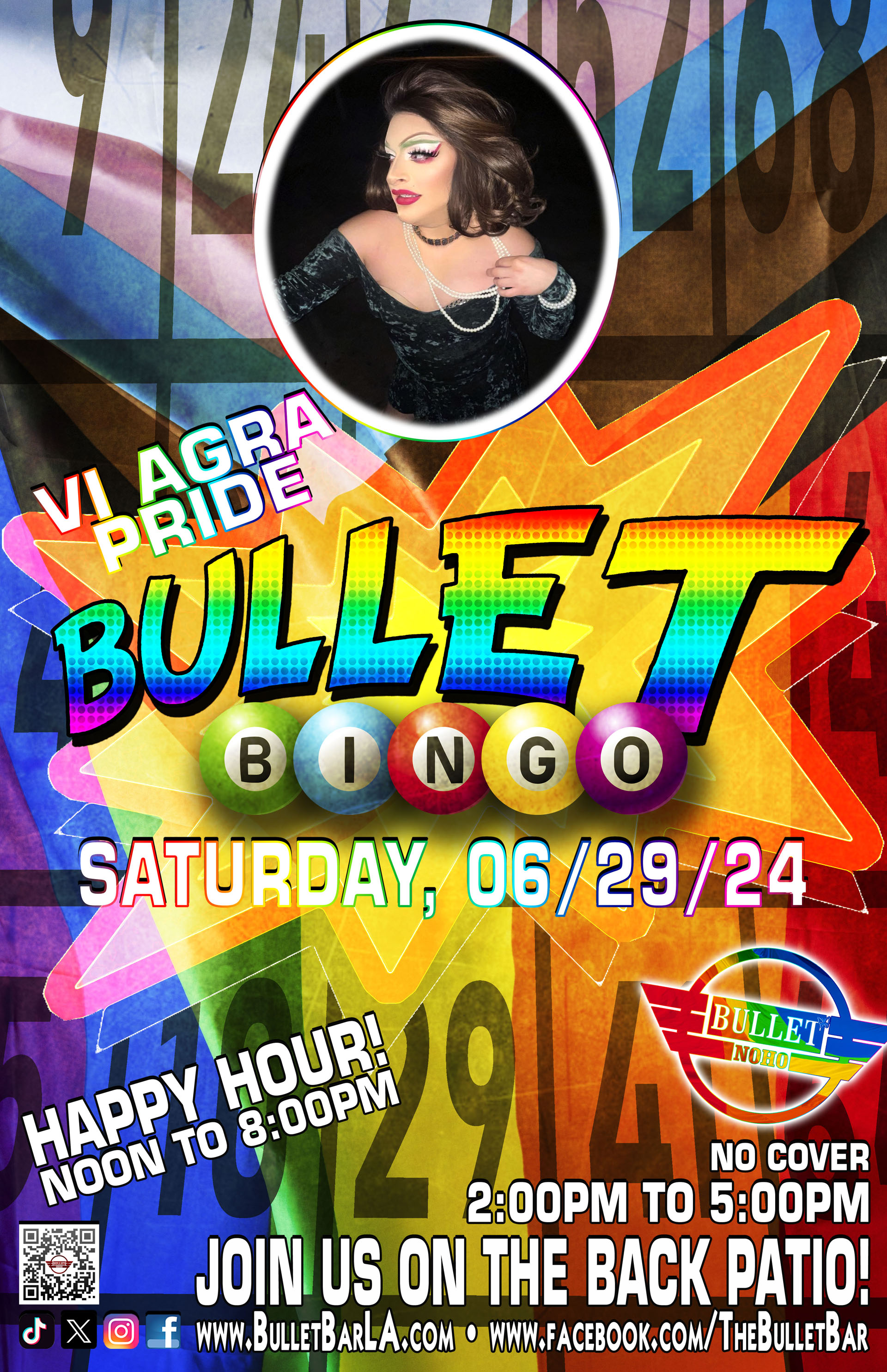 TThe Bullet Bar Presents BULLET BINGO PRIDE with VI AGRA: Saturday, 06/29/24 at 2:00 PM on our back patio! No cover. Happy Hour from Noon to 8:00 PM!