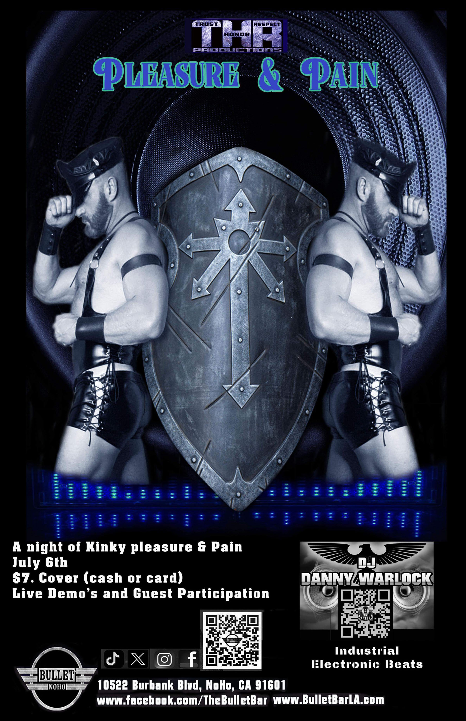 The Bullet Bar and THR Productions Present PLEASURE & PAIN, A Night Of Kinky Pleasure & Erotic Pain with DJ DANNY WARLOCK: Saturday, 07/06/24 from 9:00 PM to 2:00 AM! $7.00 COVER. Live Demos & Guest Participation in Different Fetishes.