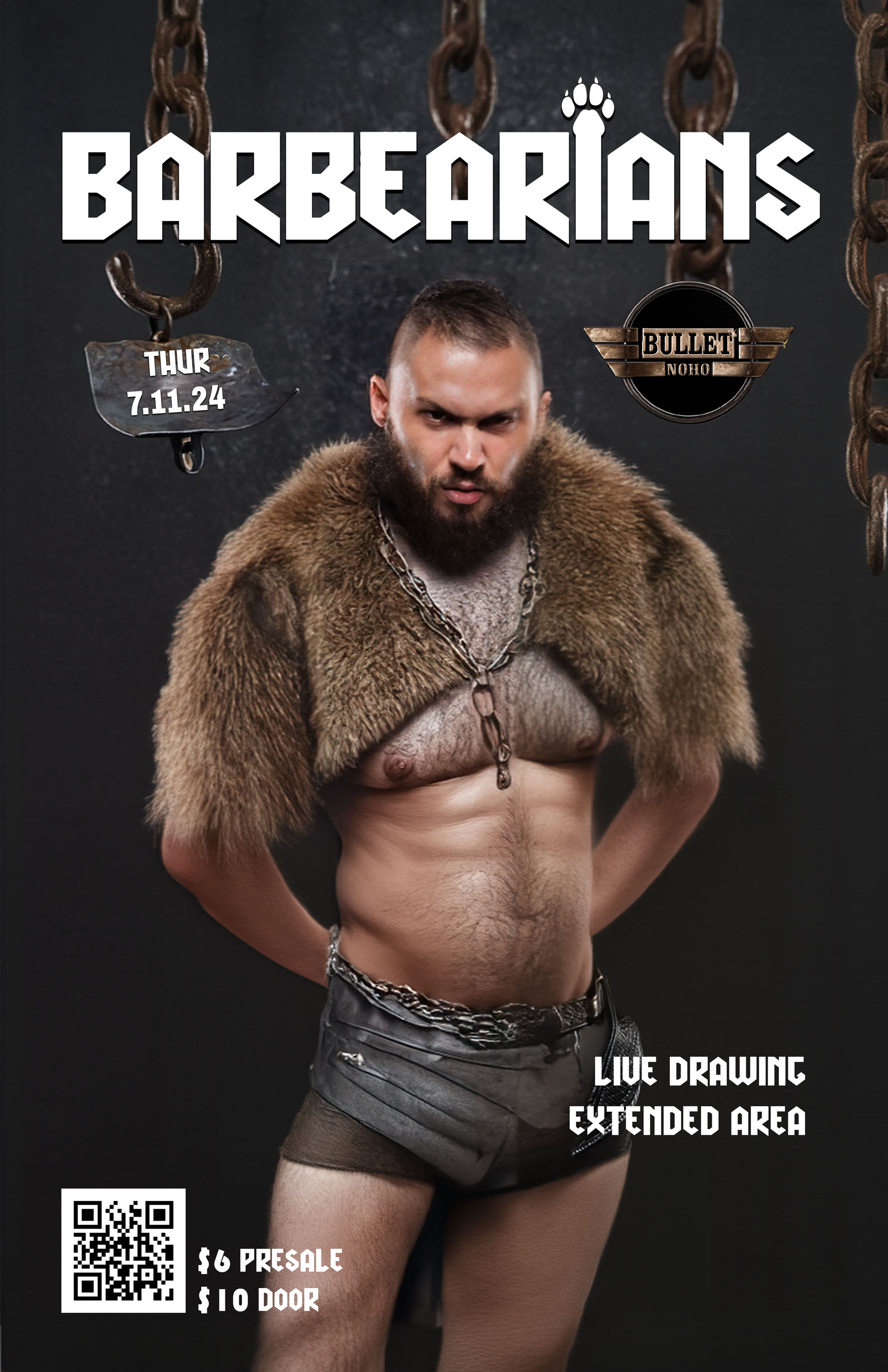 THE BULLET BAR Presents BARBEARIANS, A Bear & Leather Event: Thursday, 07/11/24 at 9:00 PM. Presale Tickets $6 and Door Cover $10. Presales: https://www.eventbrite.com/e/barbearians-the-bullet-noho-tickets-925408851787