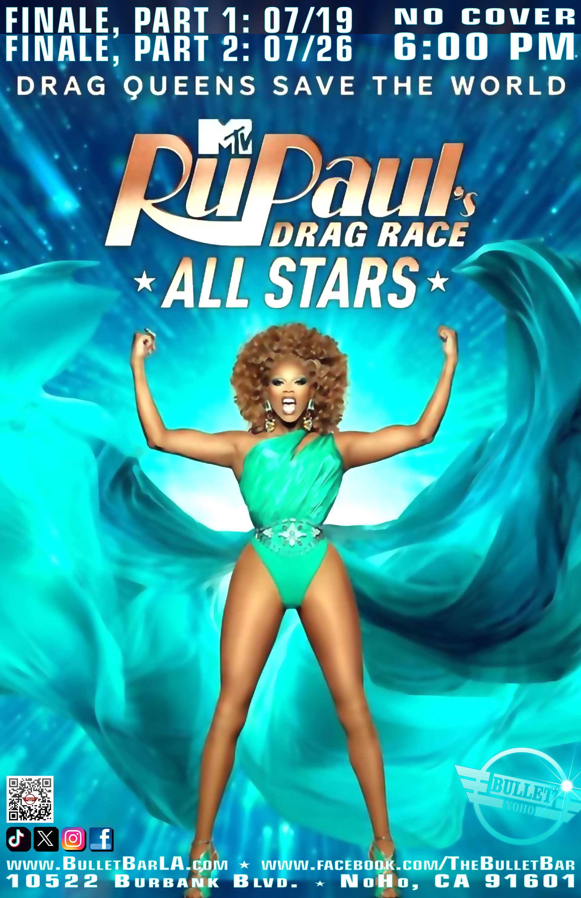 The Bullet Bar Presents RuPaul's Drag Race All-Stars Season 9 FINALE, Part 2: Friday 07/26/24 PM at 6:00 PM! No cover.