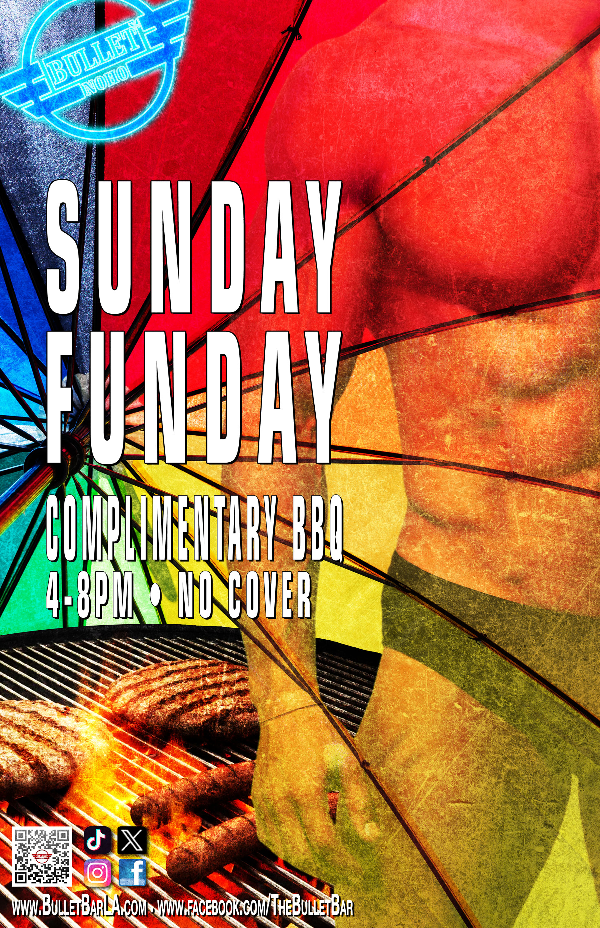 SUNDAY FUNDAY COMPLIMENTARY BBQ at THE BULLET BAR: Sunday, 10/13/24 from 4:00 PM to 8:00 PM. No cover.