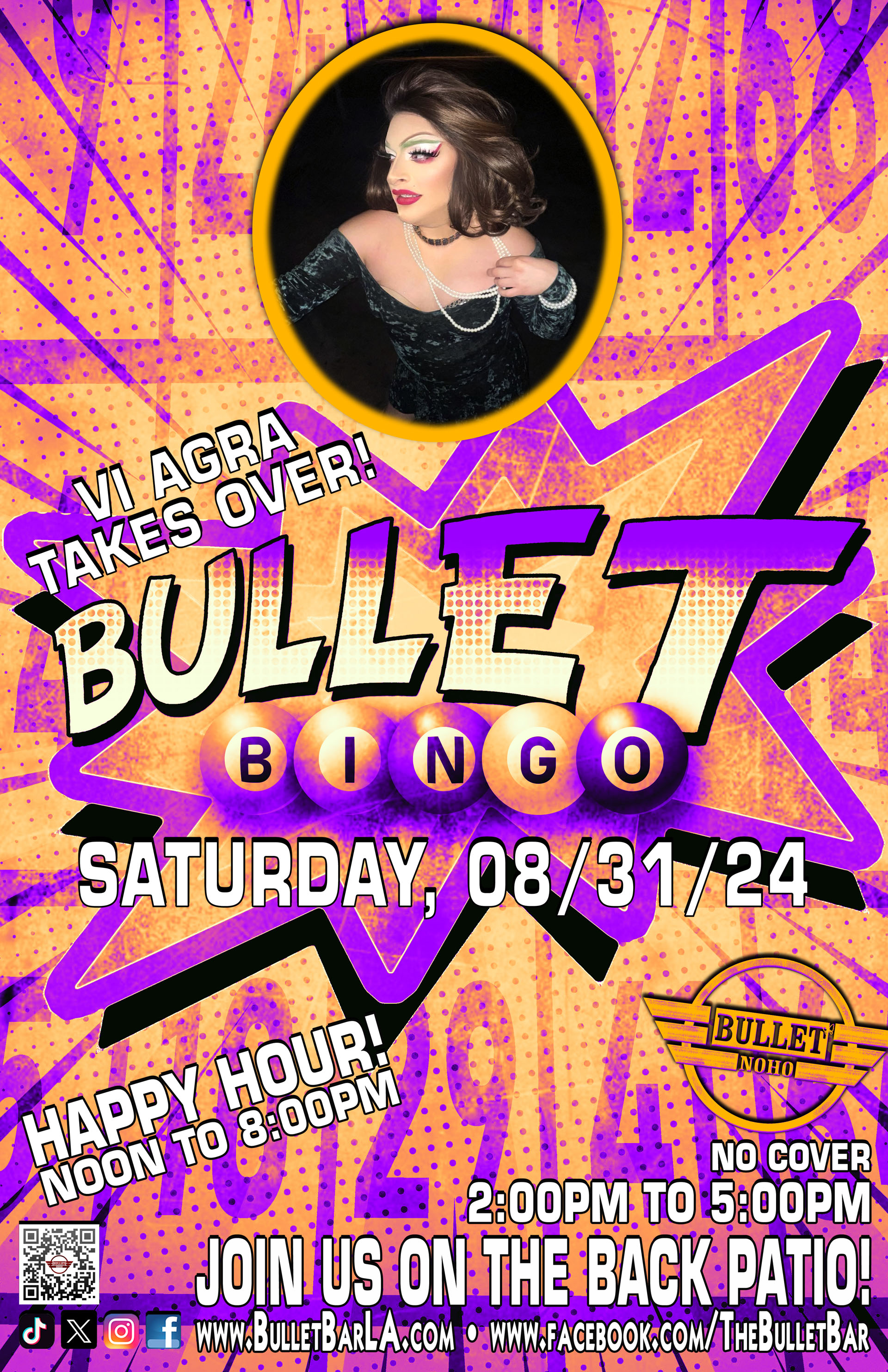 The Bullet Bar Presents BULLET BINGO Hosted by VI AGRA: Saturday, 08/31/24 at 2:00 PM on our back patio! No cover.