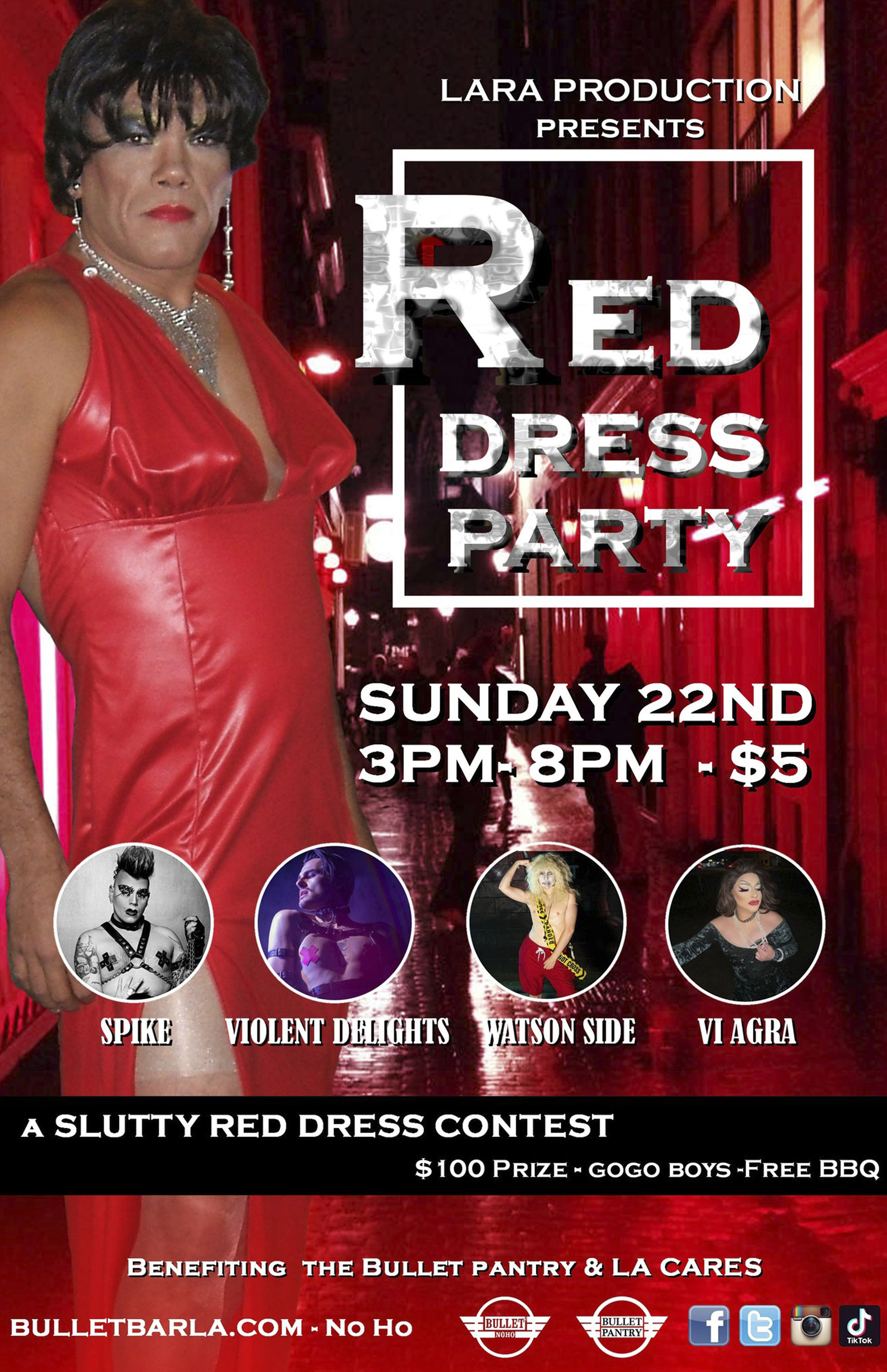 THE BULLET BAR Presents A SLUTTY RED DRESS CONTEST Benefiting THE BULLET PANTRY: Sunday, 09/22/24 from 3:00 PM to 8:00 PM. Featuring SPIKE with MONA FROM PACOIMA! $100 Prize! GoGo Boys! Free BBQ! $5 cover + A slutty red dress.