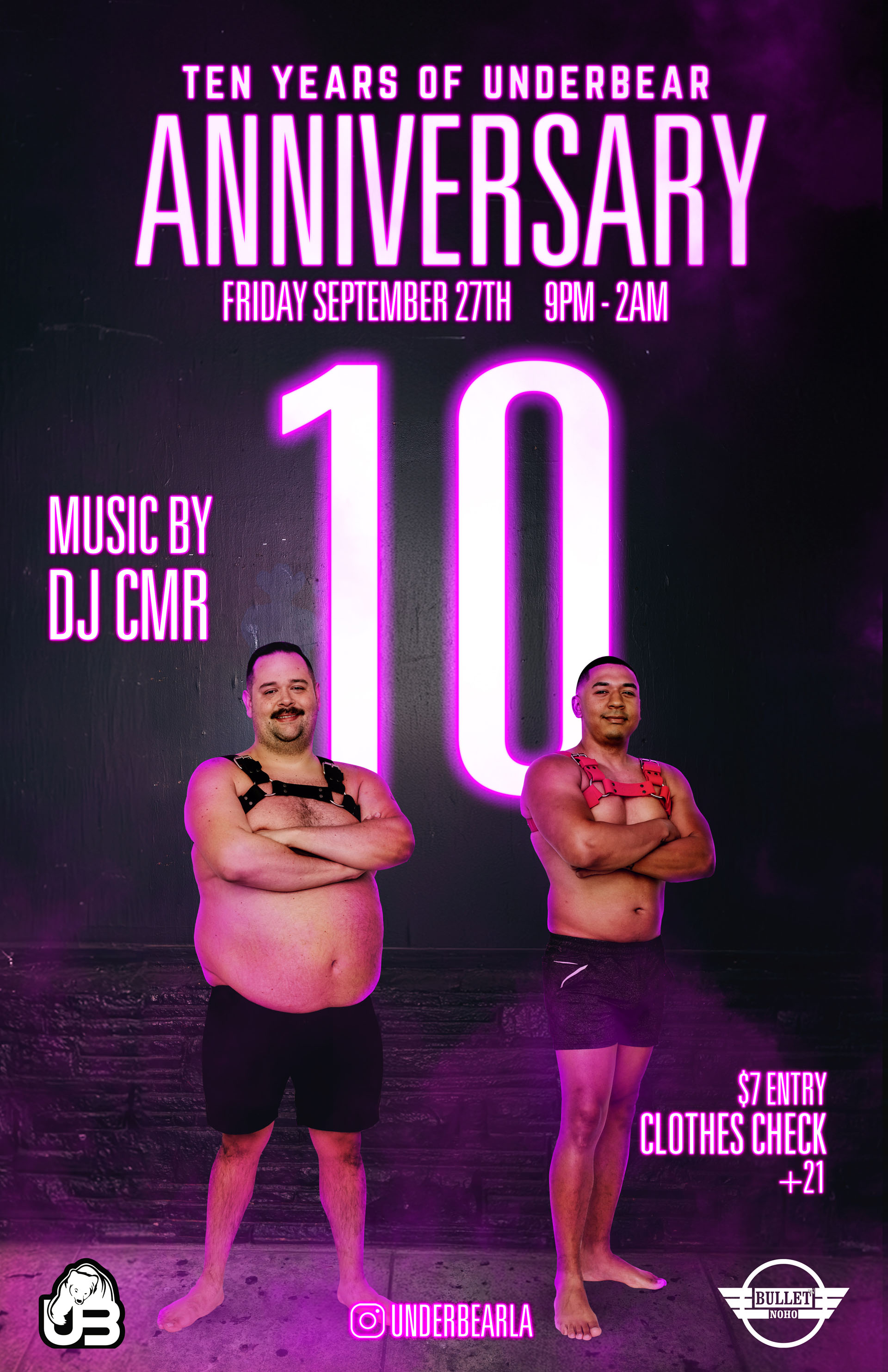 The Bullet Bar and UnderBearParty.com Present UNDERBEAR 10 YEAR ANNIVERSARY with DJ CMR: Friday, 09/27/24 at 9:00 PM! Free Clothes Check! $7 Cover.