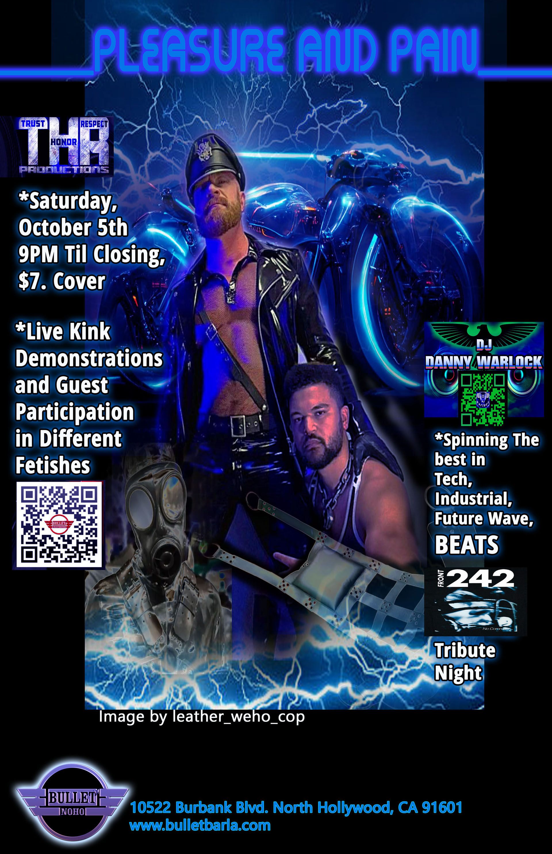 The Bullet Bar and THR Productions Present PLEASURE & PAIN, A Night Of Kinky Pleasures & Erotic Pain with DJ DANNY WARLOCK: Saturday, 10/05/24 from 9:00 PM to 2:00 AM! $7.00 COVER. Live Kink Demos & Guest Participation in Different Fetishes.