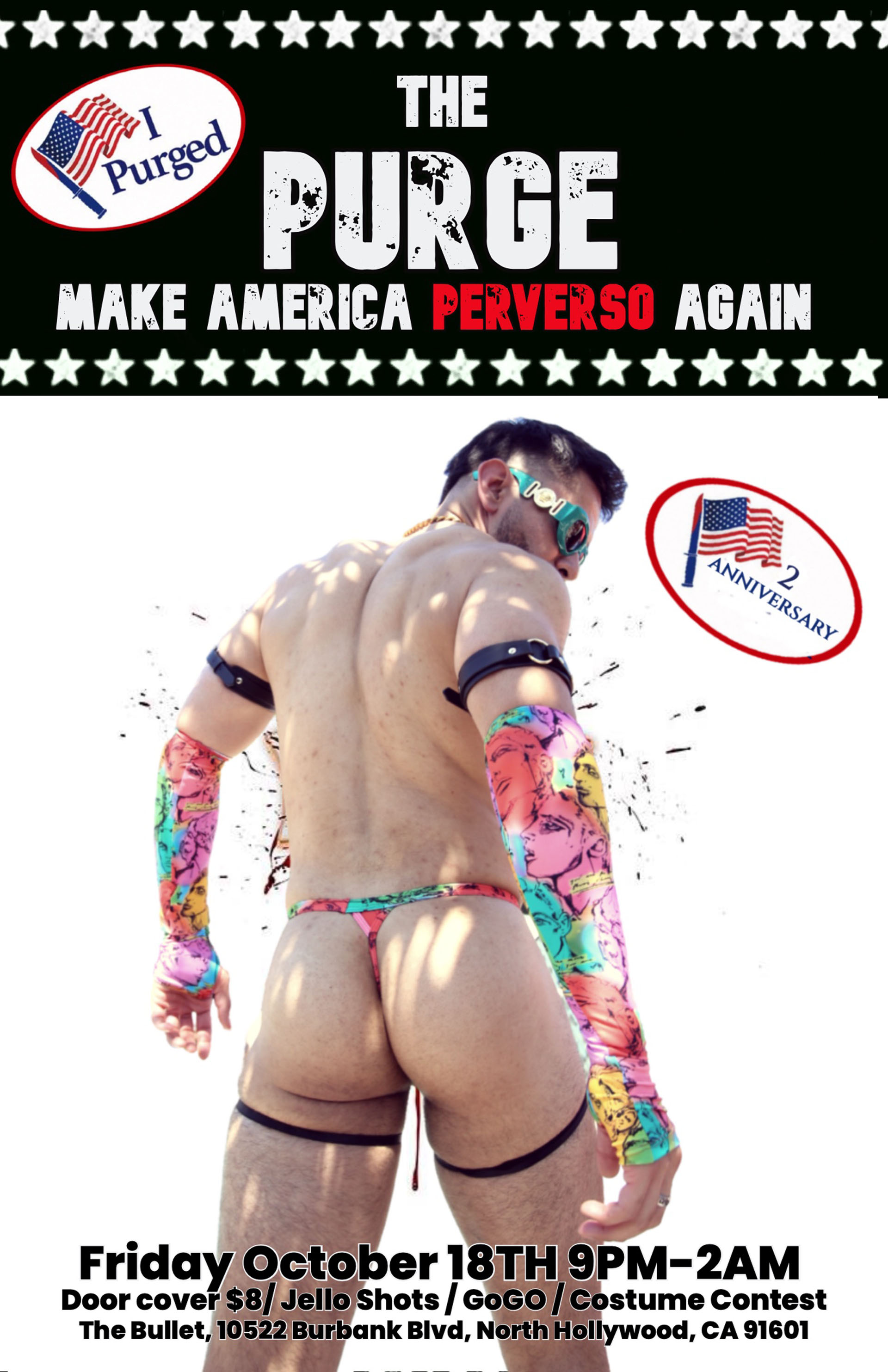 The Bullet Bar and ChrisDiva Productions Present: PERVERSO: THE PURGE--LATIN GEAR NIGHT Hosted by Mr. CSW Leather CSW Chris Velasquez! With DJ LORD IZAK! Friday, 10/18/24 at 9:00 PM. GoGos, Costume Contest, JELL-O Shots. $8 Cover.