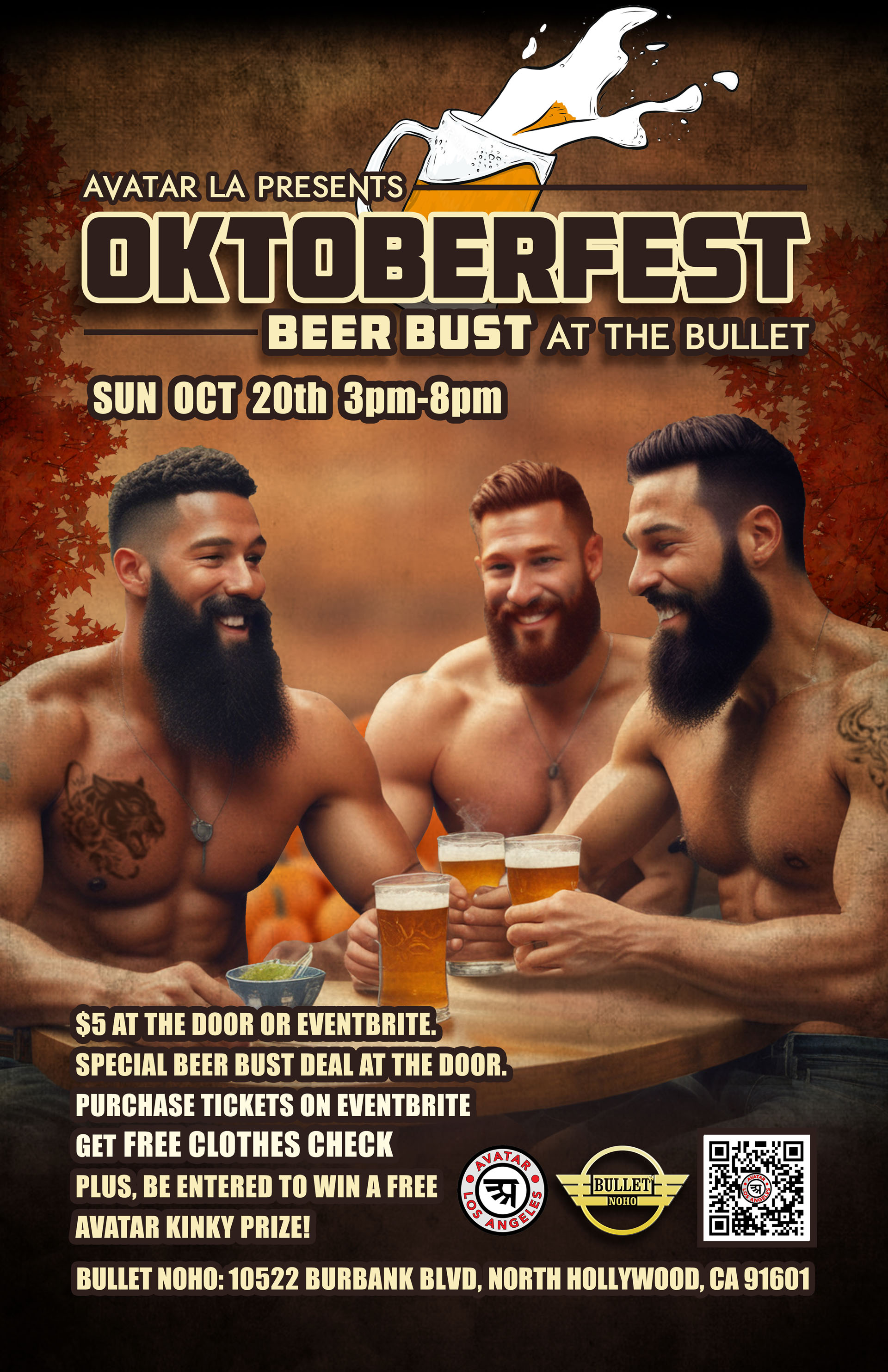 THE BULLET BAR and AVATAR LOS ANGELES Present OKTOBERFEST BEER BUST!: Sunday, 10/20/24 at 3:00 PM to 8:00 PM! Featuring DJ DANNY WARLOCK! Special Beer Bust Deal at the door! Free Clothes Check when purchasing tickets on Eventbrite. $5 cover.