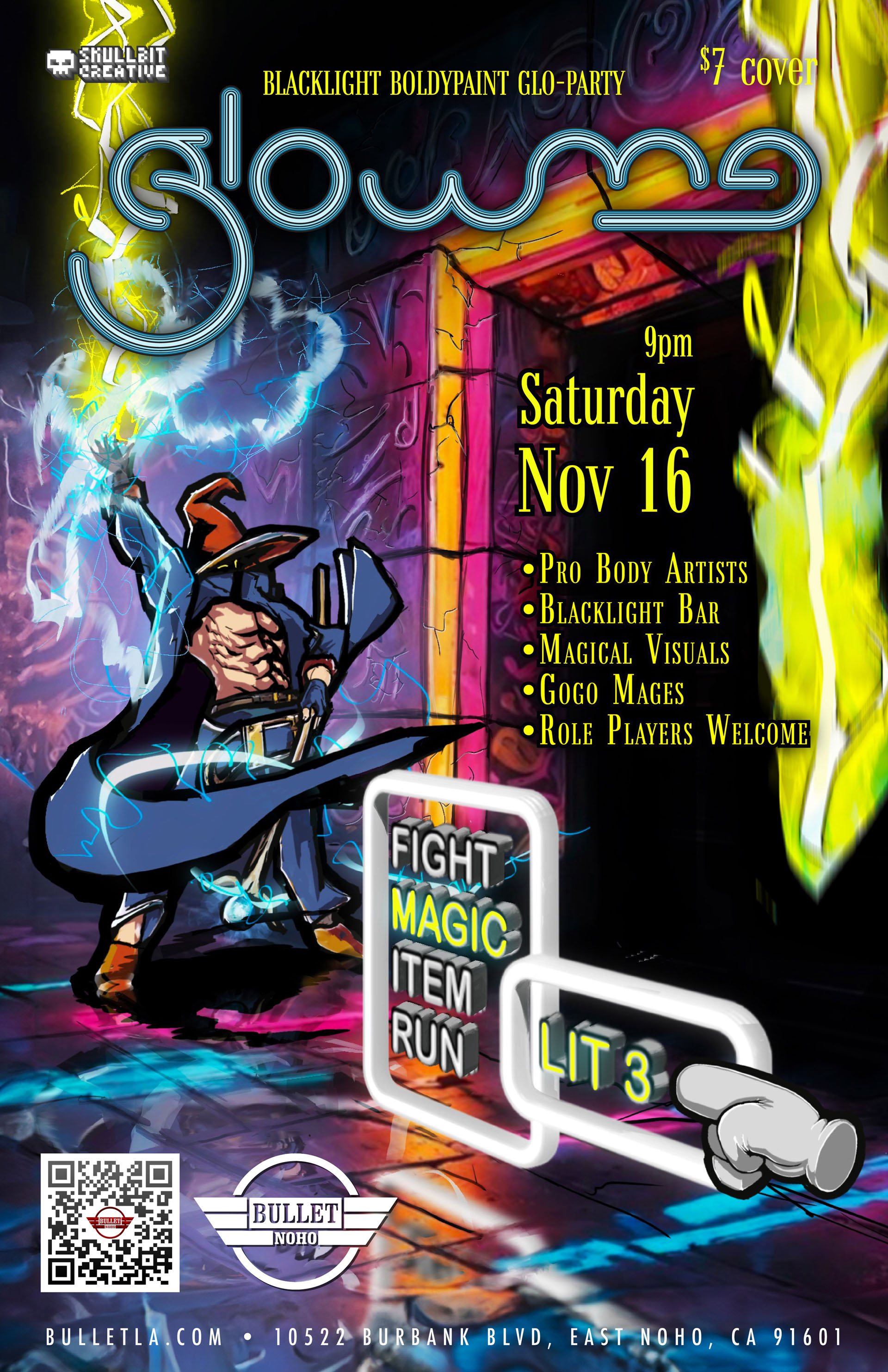 THE BULLET BAR & SKULLBIT CREATIVE Present GLOW ME Featuring DJ SEAN NILES: Saturday, 11/16/24 at 9:00 PM. $7 cover.