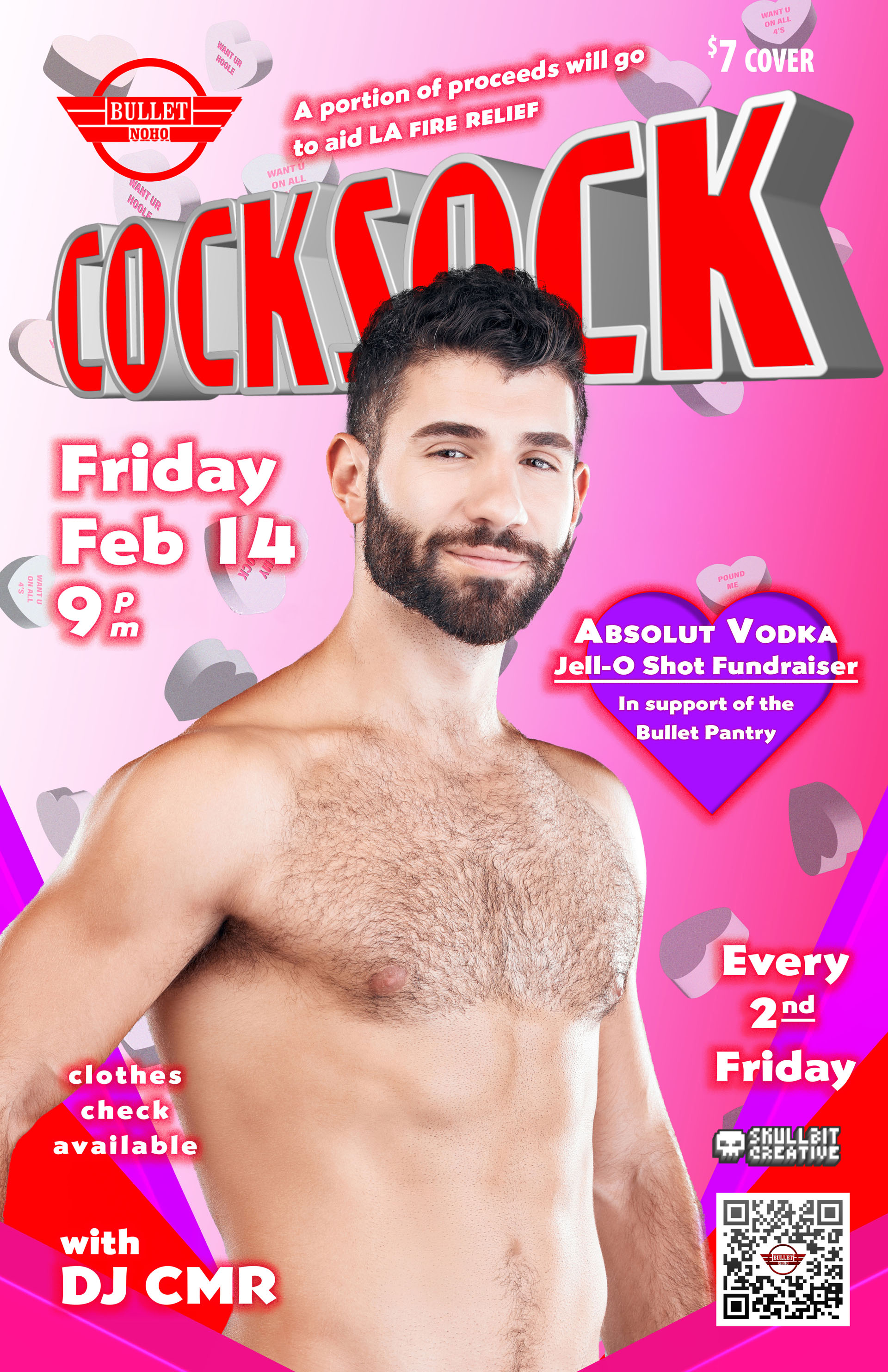 THE BULLET BAR & SKULLBIT CREATIVE Present COCKSOCK: Friday, 02/14/25 at 9:00 PM. Featuring DJ CMR! $7 cover. Clothes Check available. A portion of the proceeds will go to benefit research for testicular cancer.