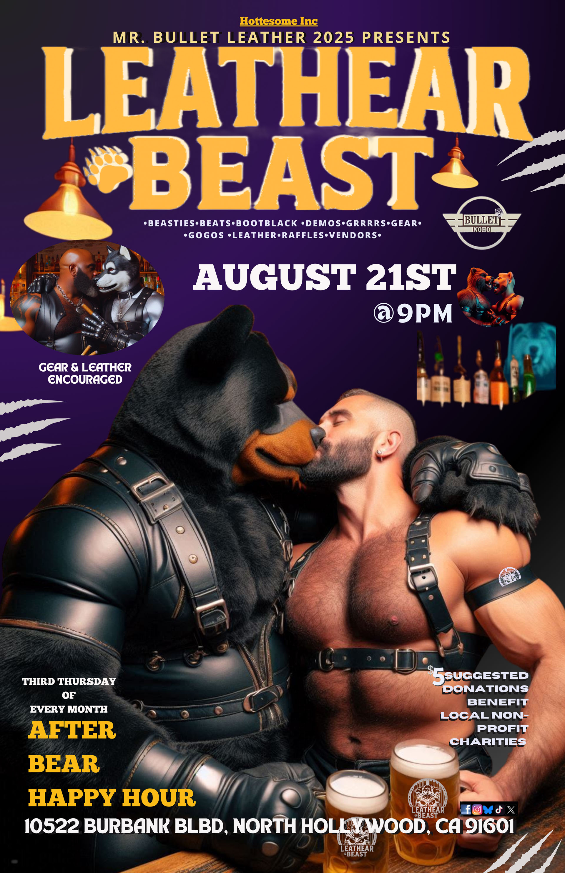 MR. BULLET LEATHER 2025 presents LEATHEAR BEAST: Thursday, 08/21/25 from 9PM-2AM. BEATS! GOGOS! PUPS! RAFFLES! VENDORS! $5 Suggested Door Donation.