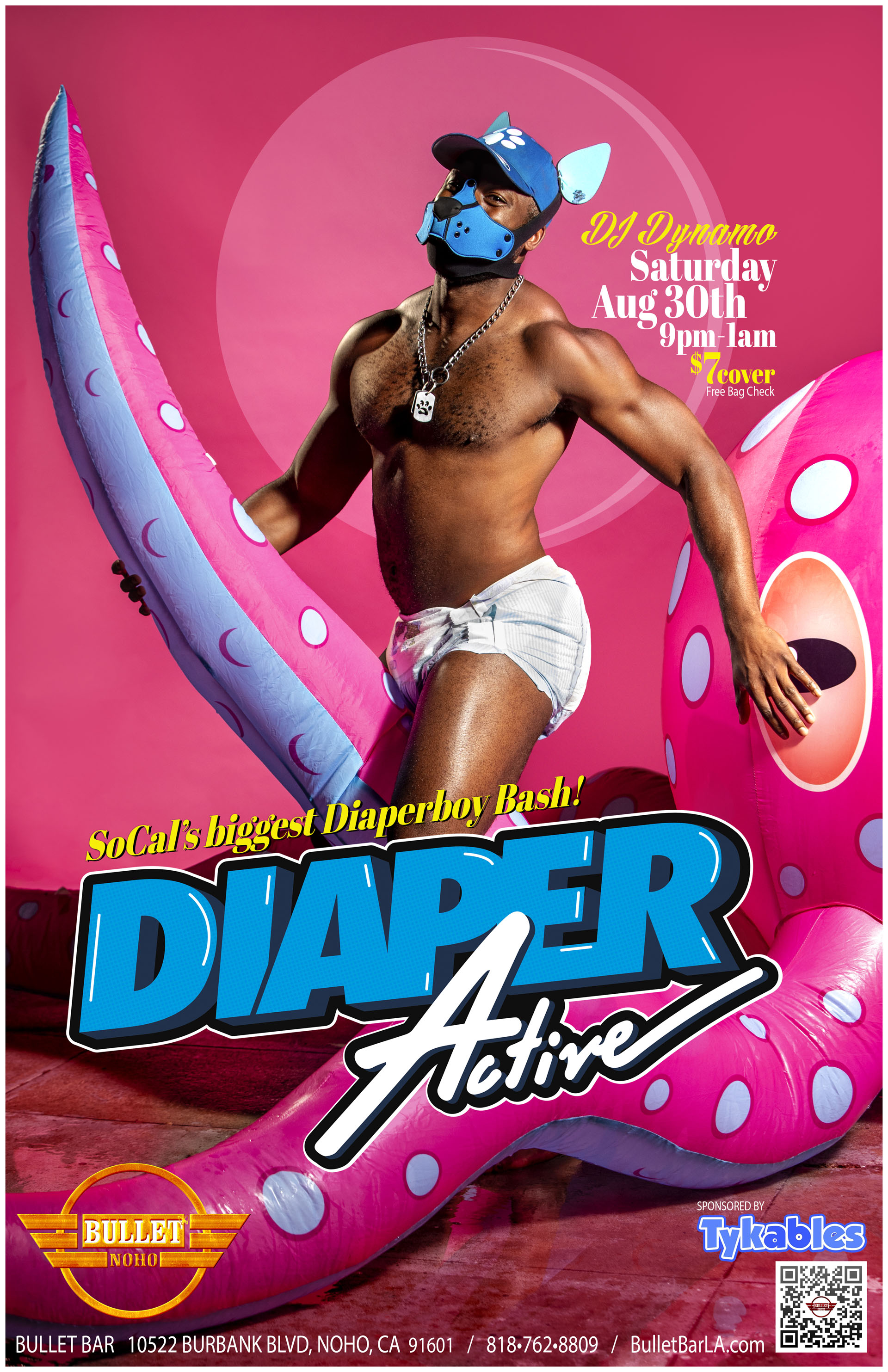 THE BULLET BAR Presents DIAPER ACTIVE Sponsored by TYKABLES, A Fetish Night for Diaper Boys, Daddies and Dudes who want to be PAMPERED! Featuring DJ DYENAMO! Saturday, 08/30/25 at 9:00 PM. $7 cover.