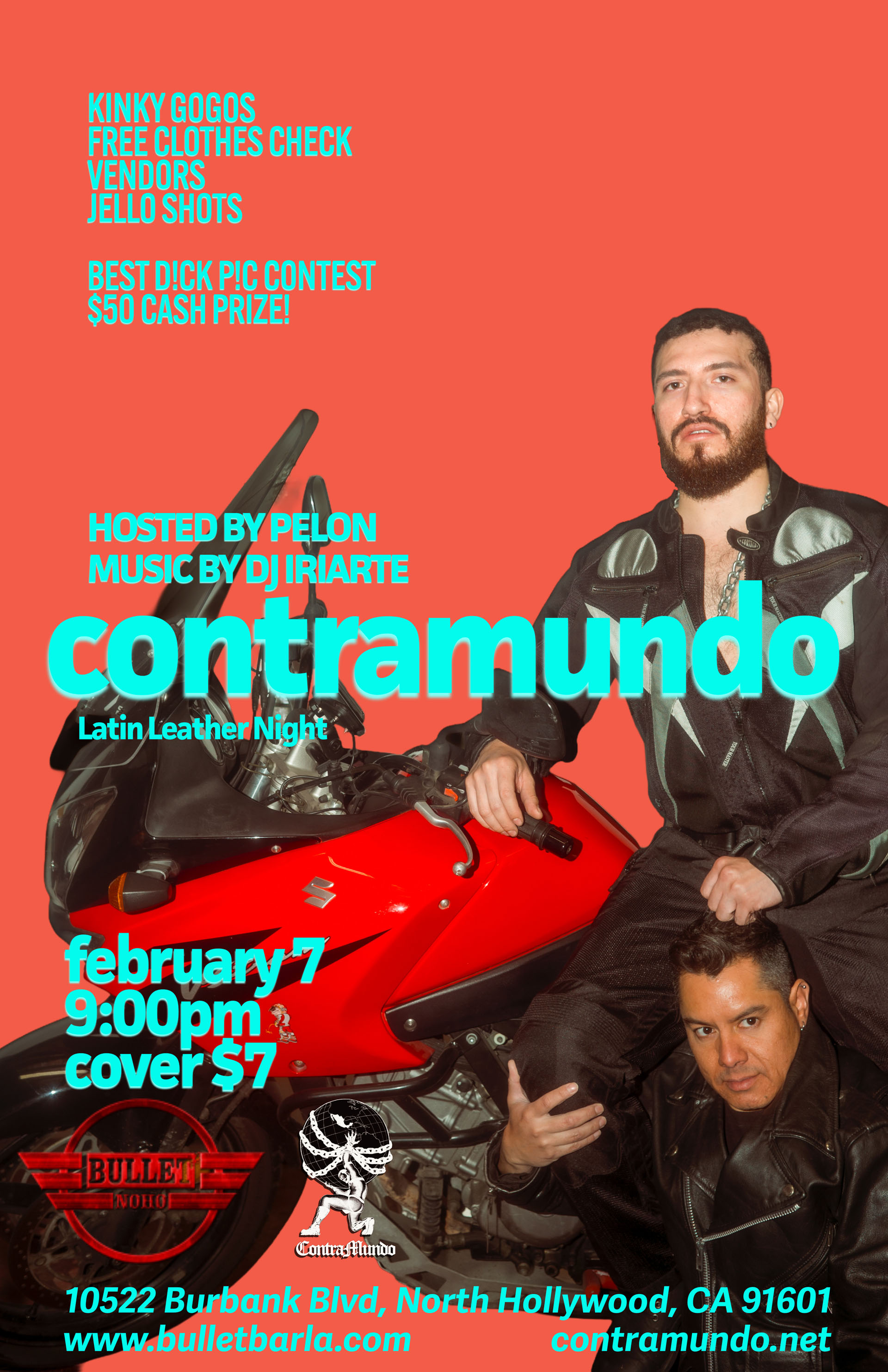 THE BULLET BAR Presents CONTRA MUNDO, LATIN LEATHER NIGHT: Saturday, 02/07/26 at 9:00 PM. Featuring DJ IRIARTE! $7.00 cover.