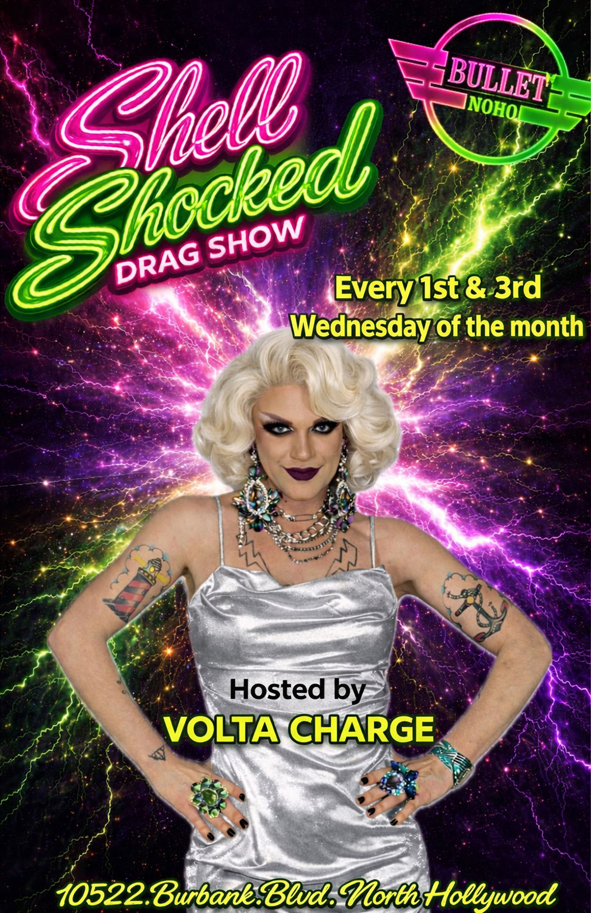 THE BULLET BAR & VOLTA CHARGE Present SHELL SHOCKED DRAG SHOW: Wednesday, 04/15/26 at 9:00 PM! No Cover!
