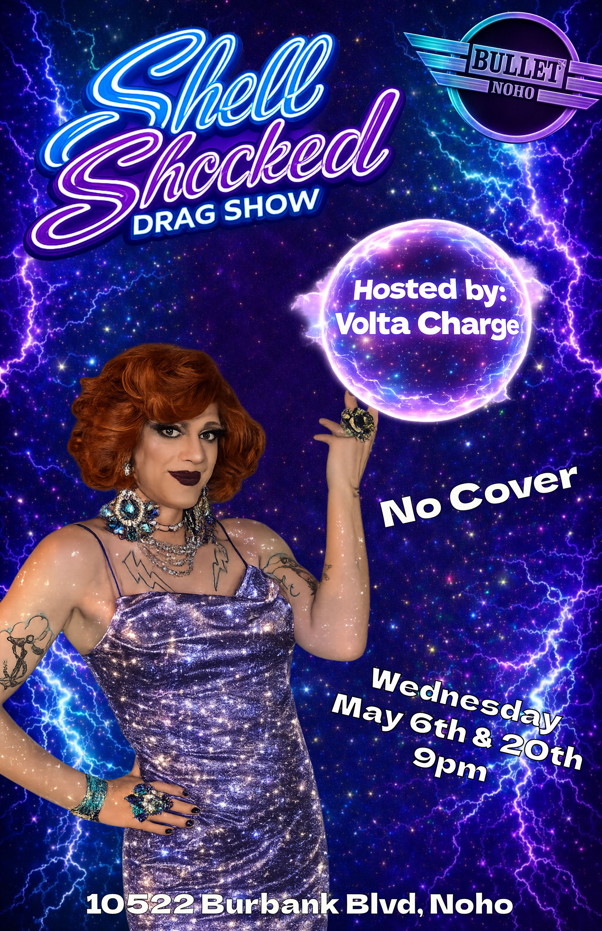 THE BULLET BAR & VOLTA CHARGE Present SHELL SHOCKED DRAG SHOW: Wednesday, 05/06/26 at 9:00 PM! No Cover!