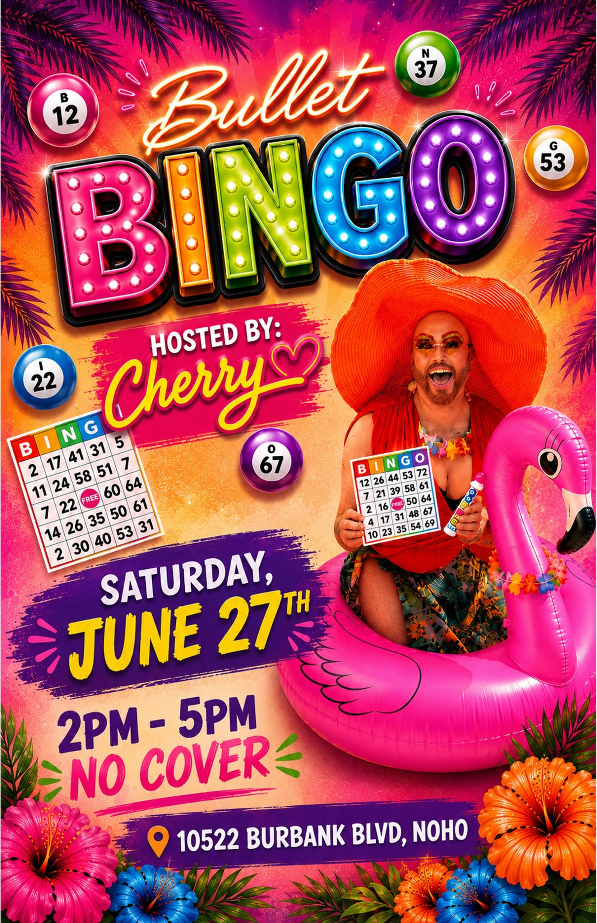 The Bullet Bar Presents BULLET BINGO Hosted by CHERRY! Saturday, 06/27/26 at 2:00 PM on our back patio! No cover.