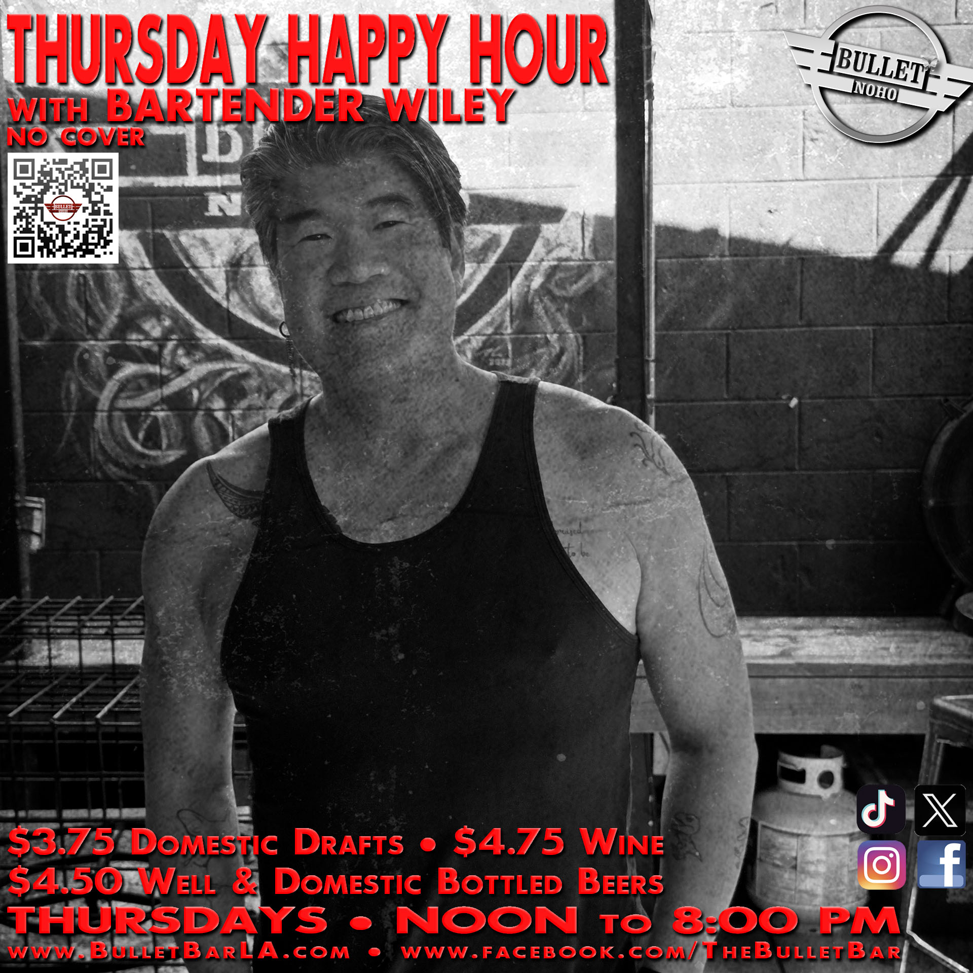 The Bullet Bar: Thursday Happy Hour with WILEY! All Well Drinks and Domestic Bottled Beers $4.50, Domestic Drafts $3.75, Wine $4.75. Thursdays, Noon to 8:00 PM.