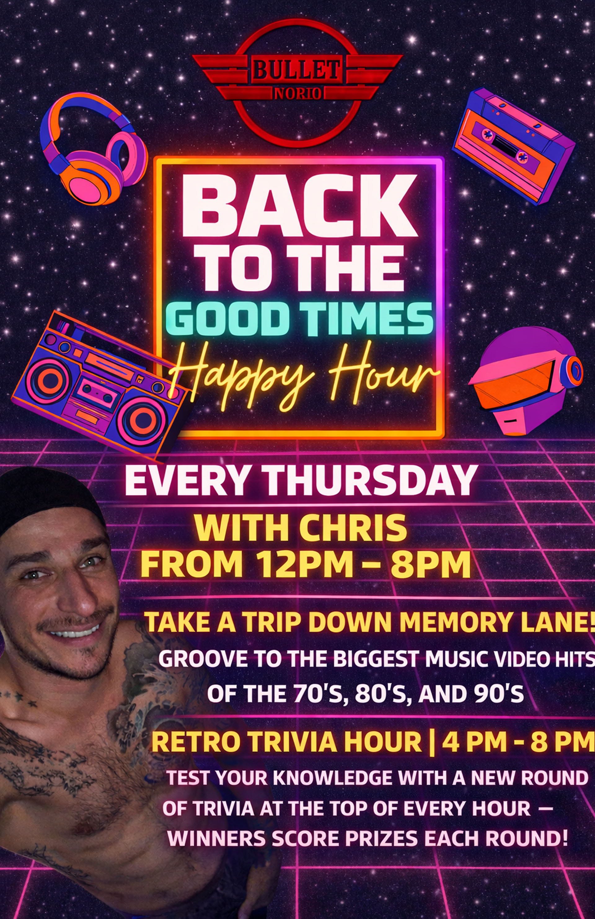 The Bullet Bar presents BACK TO THE GOOD TIMES HAPPY HOUR with CHRIS: Every Thursday from 12:00 PM to 08:00 PM, featuring RETRO TRIVIA HOUR from 04:00 PM to 08:00 PM! No cover.